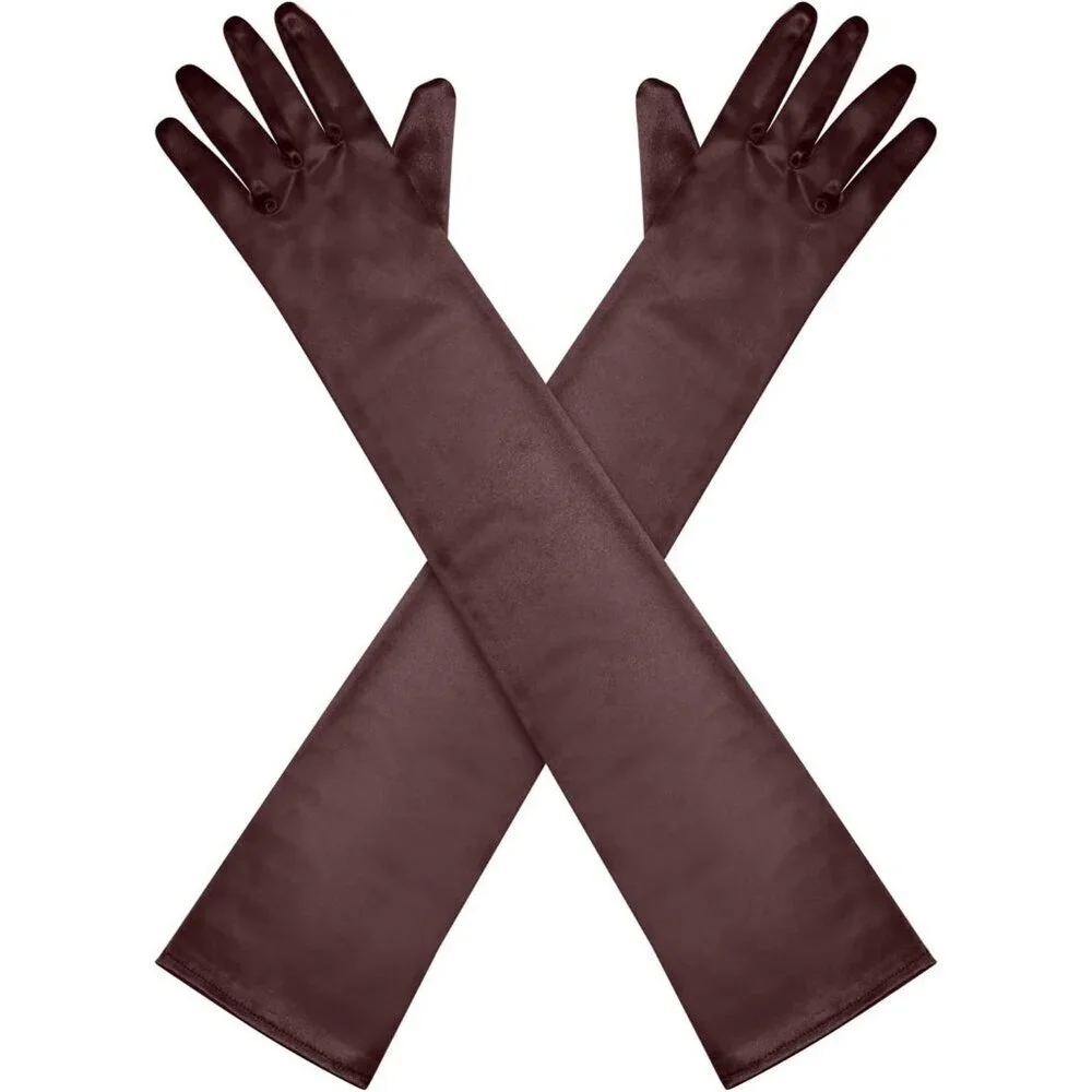 Women's Brown Long Satin Opera Fabric Gloves Party Tea Stretchy Elbow Length